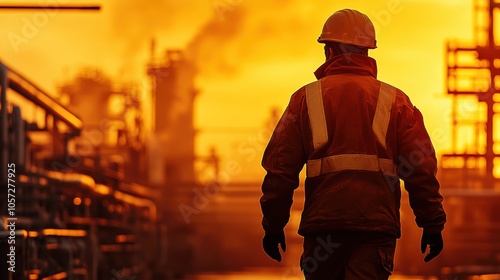 A male worker in safety gear walks through an industrial site at sunset. photo