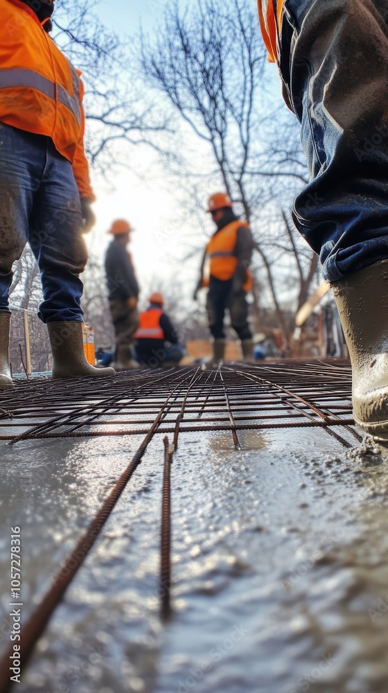 Construction workers in safety gear pouring concrete on a sunny day. Construction workers in safety gear pouring concrete on a sunny day.