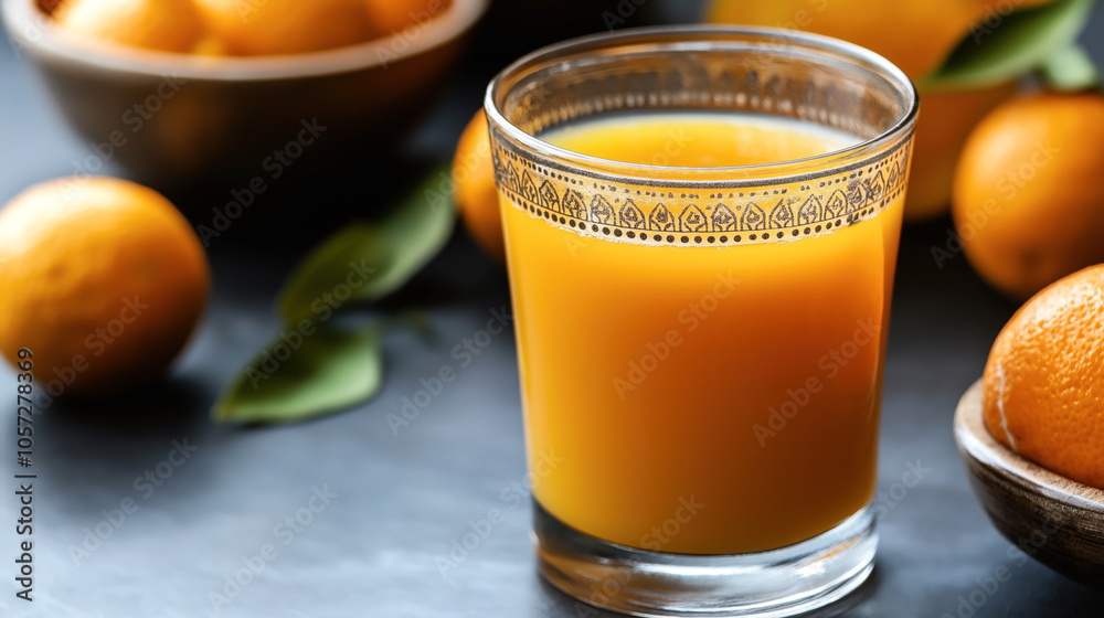 Close-up of a decorated glass filled with orange juice, surrounded by fresh oranges and green leaves on a dark surface Close-up of a decorated glass filled with orange juice, surrounded by fresh oranges and green leaves on a dark surface