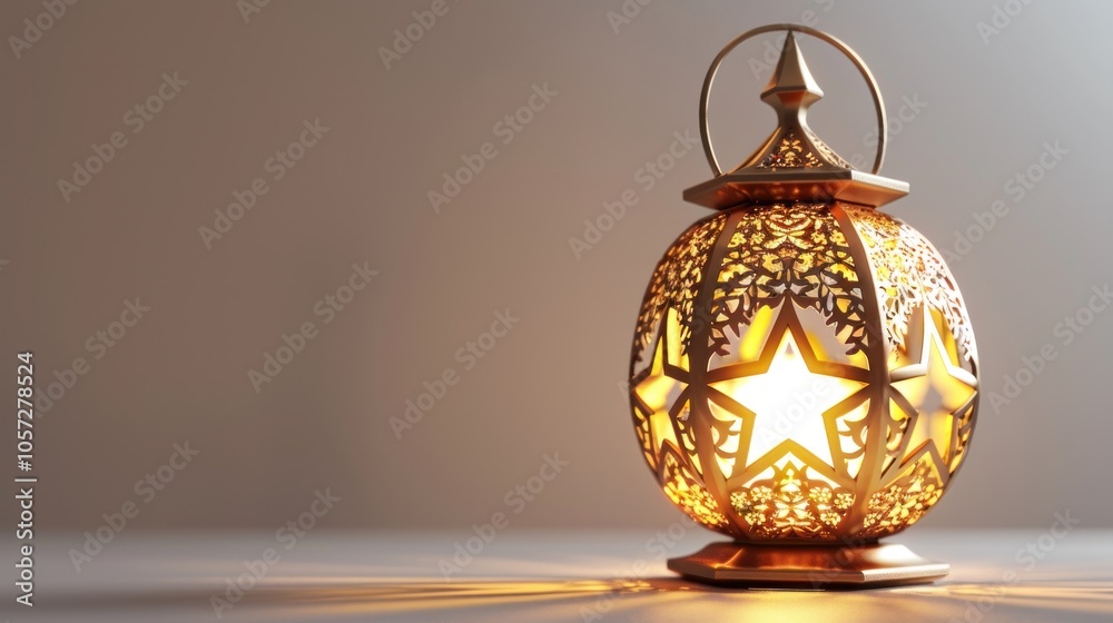 A golden lantern, decorated with intricate patterns and stars, is lit. Warm light shines from inside. A golden lantern, decorated with intricate patterns and stars, is lit. Warm light shines from inside.