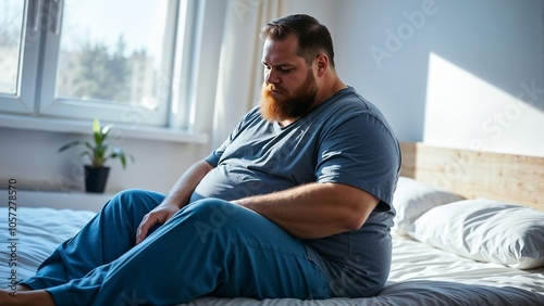 Overweight man sitting on bed, appearing thoughtful, with natural light through a window.