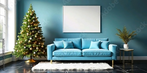 A modern living room with a sky blue tufted sofa, christmas tree, a white shag rug, and a blank white frame on the wall, Black marble floor with gold