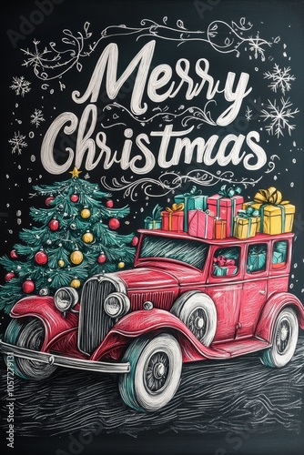 Vintage christmas car transporting gifts