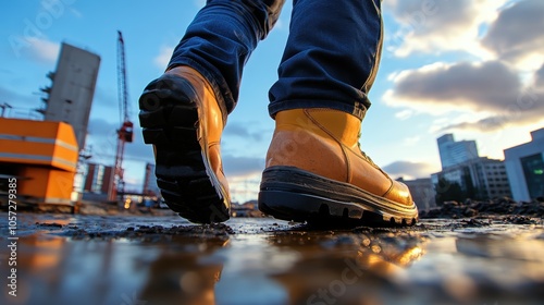 A male worker wearing sturdy boots walks confidently on a construction site at sunset.