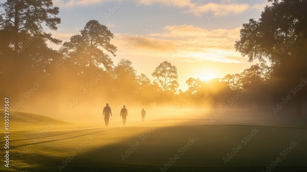Golfers walking the course in the early morning mist, with the sun rising in the background Golfers walking the course in the early morning mist, with the sun rising in the background