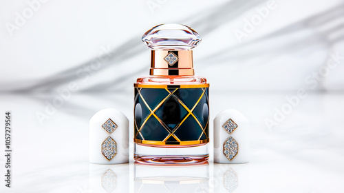 Elegant luxury perfume bottles adorned with intricate  detailing. Sophisticated fragrance packaging showcasing timeless beauty and refined opulence Brainstorming Advertising Marketing photo