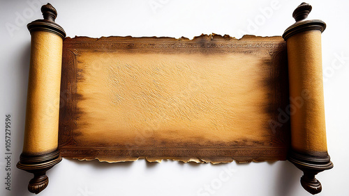 An ancient scroll in a horizontal position, unrolled on a white background.