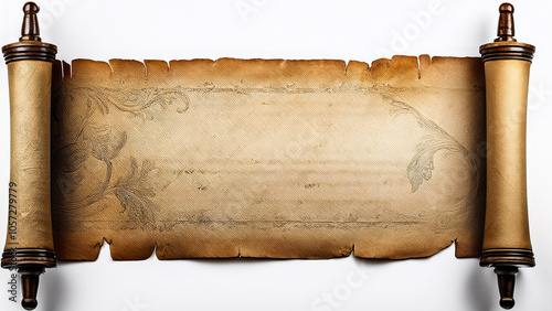 An ancient scroll in a horizontal position, unrolled on a white background.
