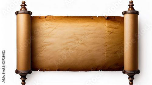 An ancient scroll in a horizontal position, unrolled on a white background.