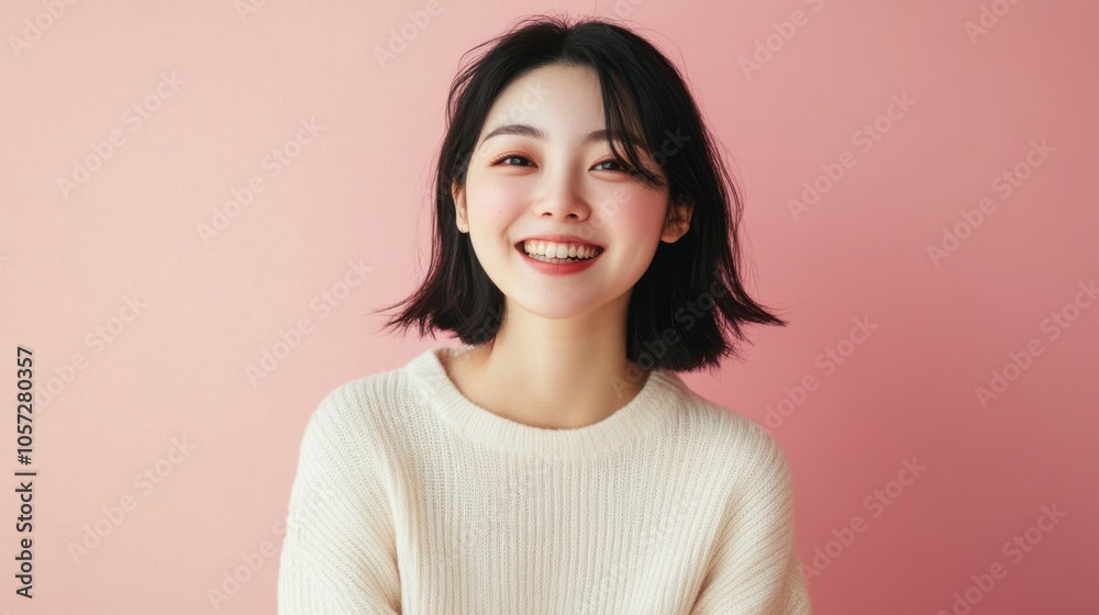 Half-body portrait of a gleeful Asian woman, looking at the camera, with a simple solid Half-body portrait of a gleeful Asian woman, looking at the camera, with a simple solid