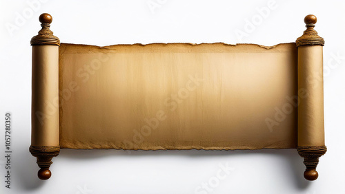 An ancient scroll in a horizontal position, unrolled on a white background.