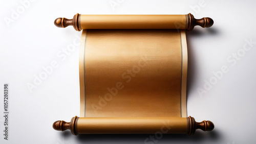 An ancient scroll in a vertical position, unrolled on a white background.