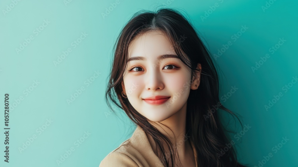 Fototapeta premium Half-body shot of a happy half-Korean girl in trendy clothes, directly engaging with the