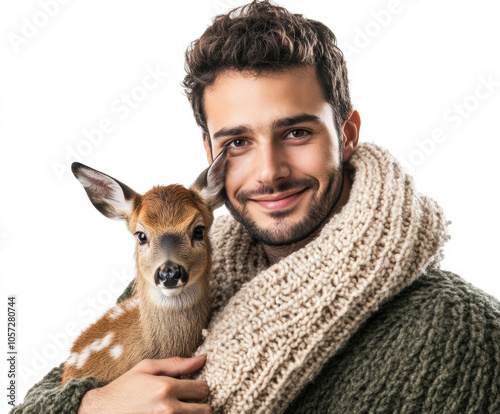 Smiling man holding baby deer, joyful expression, close-up portrait with animal, soft lighting, affectionate connection, warmth and care, indoor setting, happiness and companionship, peaceful  photo