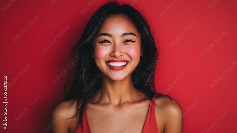 Happy Asian woman, half-body, beaming with joy, direct gaze into the camera, plain solid Happy Asian woman, half-body, beaming with joy, direct gaze into the camera, plain solid