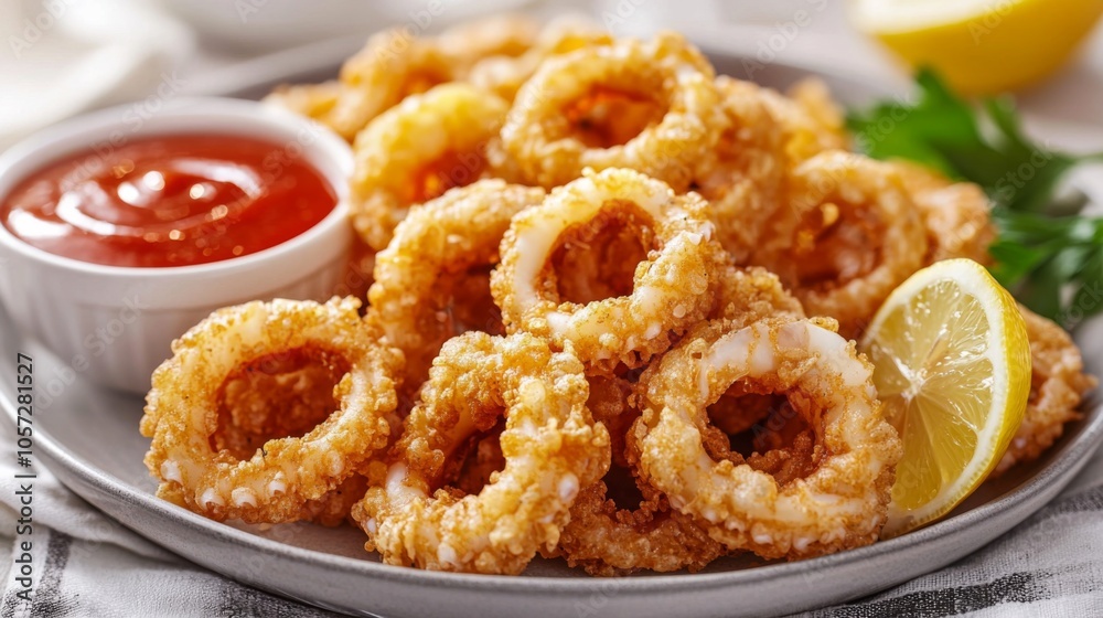 Golden, crispy fried calamari served with lemon wedges and marinara dipping sauce Golden, crispy fried calamari served with lemon wedges and marinara dipping sauce