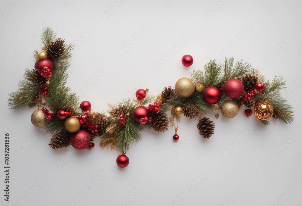 Christmas garland with red and gold baubles berries and pinecones on a white background transparent Christmas garland with red and gold baubles berries and pinecones on a white background transparent