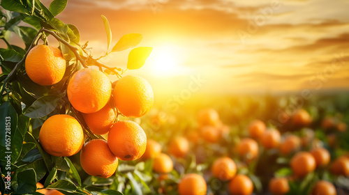 A Stunning Sunset Landscape Silhouetting Tangerine Trees Against a Dramatic Sky