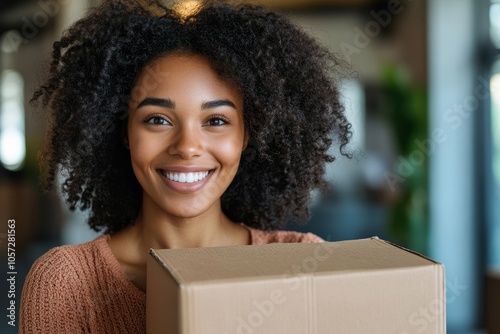 Happy woman checking stuff in cardboard box before sent to transportation company and moving to new location apartment, Generative AI photo