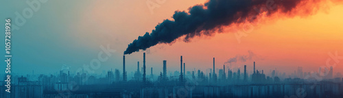 dramatic skyline shows industrial smokestacks emitting dark smoke against vibrant sunset. scene highlights pollution and urban development