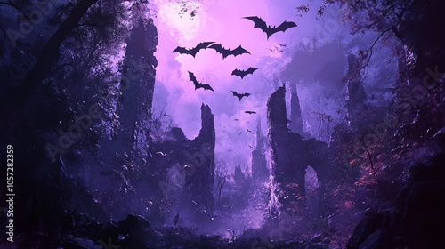 Dark Fantasy Halloween Background with Bats, Ruins, and Full Moon Lighting - AI generated illustration photo