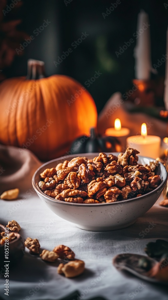 Halloween-Themed Table Setting with Mixed Nuts, Candles, and Pumpkins - AI generated illustration. Halloween-Themed Table Setting with Mixed Nuts, Candles, and Pumpkins - AI generated illustration.