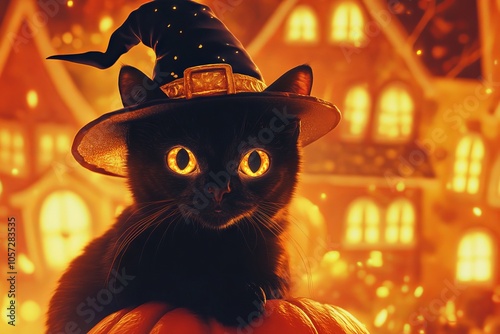 Black Cat in a Witch Hat with Halloween Village Background - AI generated illustration