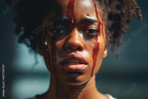 Black woman with red face paint protesting against violence towards black women. No to feminicide