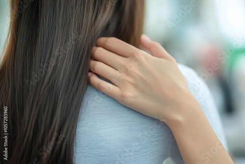 Disgusted asian young employee, pressure business woman uncomfortable, looking hand of boss or colleague when touching her shoulder, embrace. Sexual harassment inappropriate at office, Generative AI