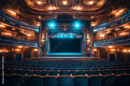 Elegant theater auditorium with empty seats and illuminated stage, ready for a performance, showcasing the beauty and grandeur of the venue