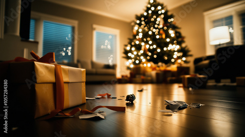 The glow of a Christmas tree illuminates a living room filled with opened presents, tangled ribbons, and wrapping paper scraps, symbolizing the joyous chaos of post-Christmas clean photo