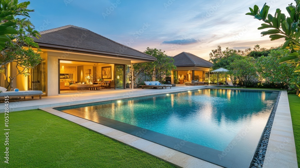 Fototapeta premium Modern Villa with Stunning Pool and Landscape