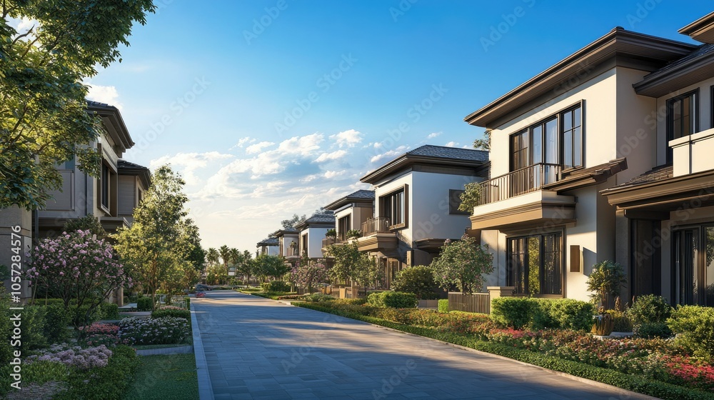 Upscale Neighborhood Scene with Modern Homes Upscale Neighborhood Scene with Modern Homes