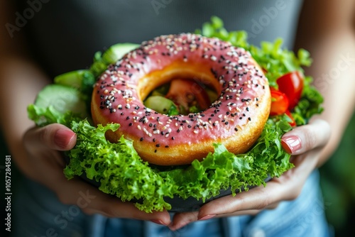 Woman on dieting for good health concept. Close up female using hand push out her favourite donut and choose green apple and vegetables for good, Generative AI