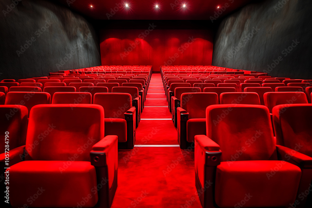 Empty red velvet seats and carpet in a luxurious theater auditorium create an elegant and inviting atmosphere Empty red velvet seats and carpet in a luxurious theater auditorium create an elegant and inviting atmosphere