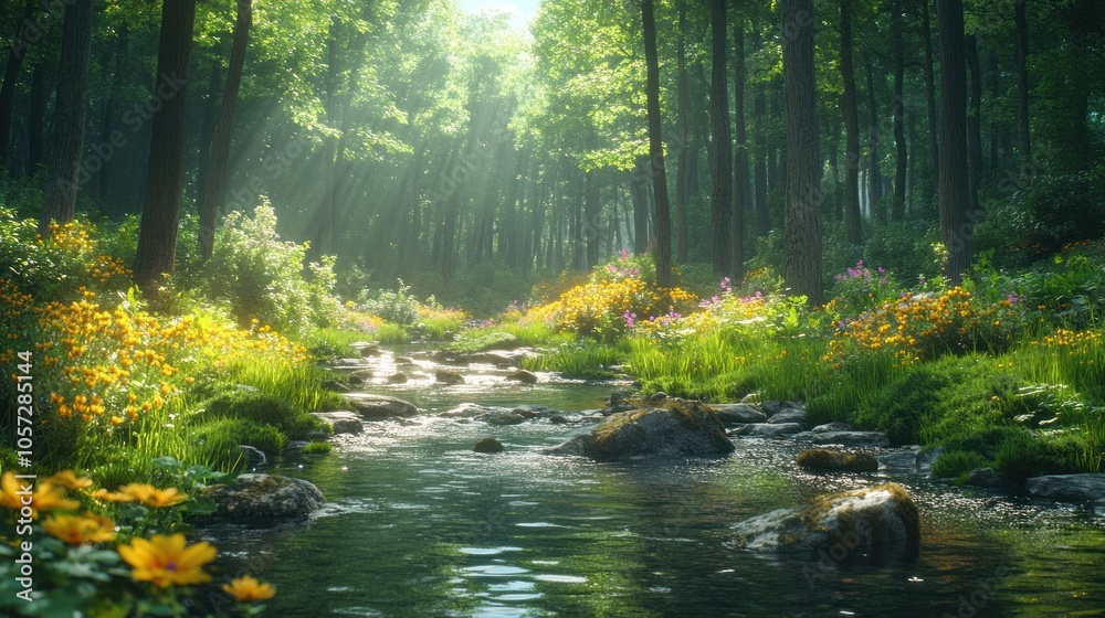 Fototapeta premium Serene forest scene with a flowing stream and vibrant flowers.