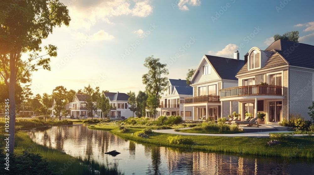 Picturesque Scene of Newly Constructed Homes by Water Picturesque Scene of Newly Constructed Homes by Water