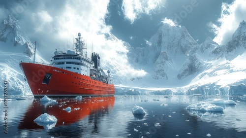 Icebreaker ship navigating icy waters amidst towering mountains.