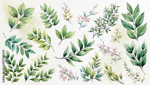 Watercolor collection of green leaves and floral branches on white background. Botanical illustration for design and decor