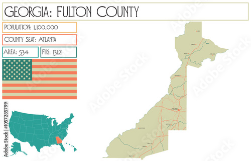 Large and detailed map of Fulton County in Georgia USA.