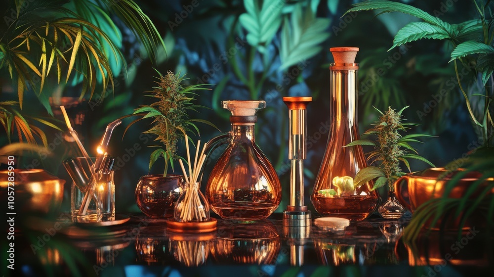 Photorealistic representation of cannabis paraphernalia on a seamless backdrop, captured Photorealistic representation of cannabis paraphernalia on a seamless backdrop, captured