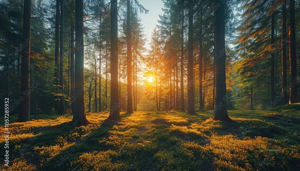 Fototapeta premium Sunbeams Filtering Through a Dense Forest