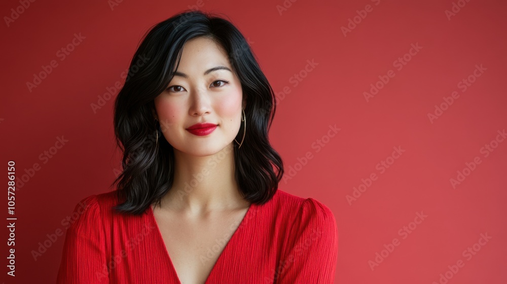 Fototapeta premium Portrait of a joyful Asian woman, half-body, looking directly at the camera, with a clean solid