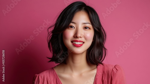 Portrait of a joyful Asian woman, half-body, looking directly at the camera, with a clean solid