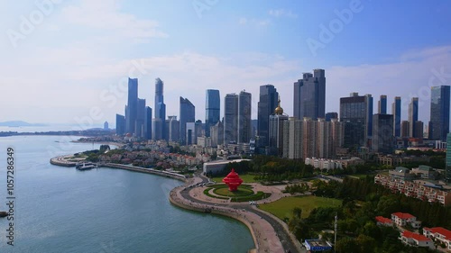 Aerial photography of the coastal architectural complex of Fushan Bay and May Fourth Square in Qingdao, Shandong, China	 photo