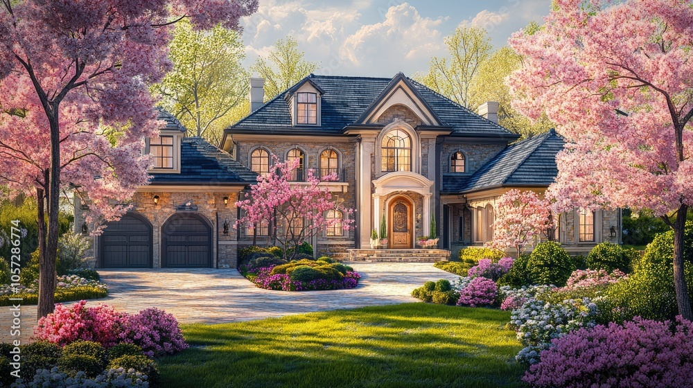 Naklejka premium Luxury Suburban House Surrounded by Blossoming Trees