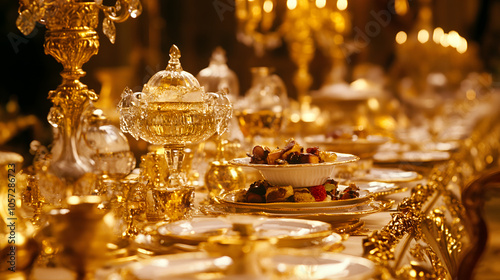 A Lavish Feast Surrounded by Golden Decorations Displaying Exquisite Culinary Delights