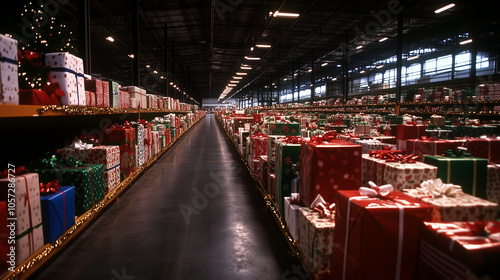 A sprawling warehouse, its shelves packed with neatly wrapped gifts in every color of the holiday rainbow, radiates festive joy and the excitement of Christmas gift-giving.