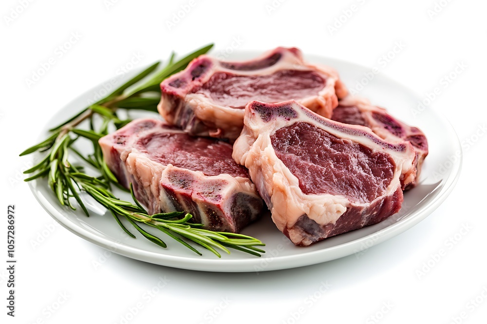Raw lamb chops seasoned with rosemary on white plate, ready for grilling