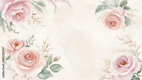 Rose Watercolor Border on Cream Background 